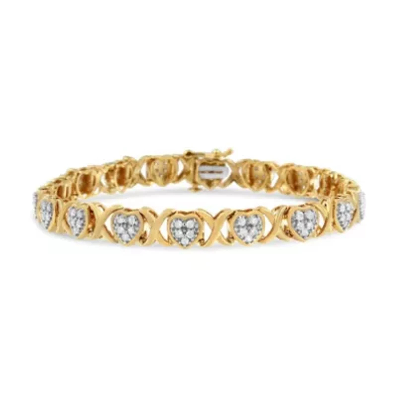 14KY Yellow Gold Plated Silver 1.00 Cttw Diamond Heart and X Link Bracelet
