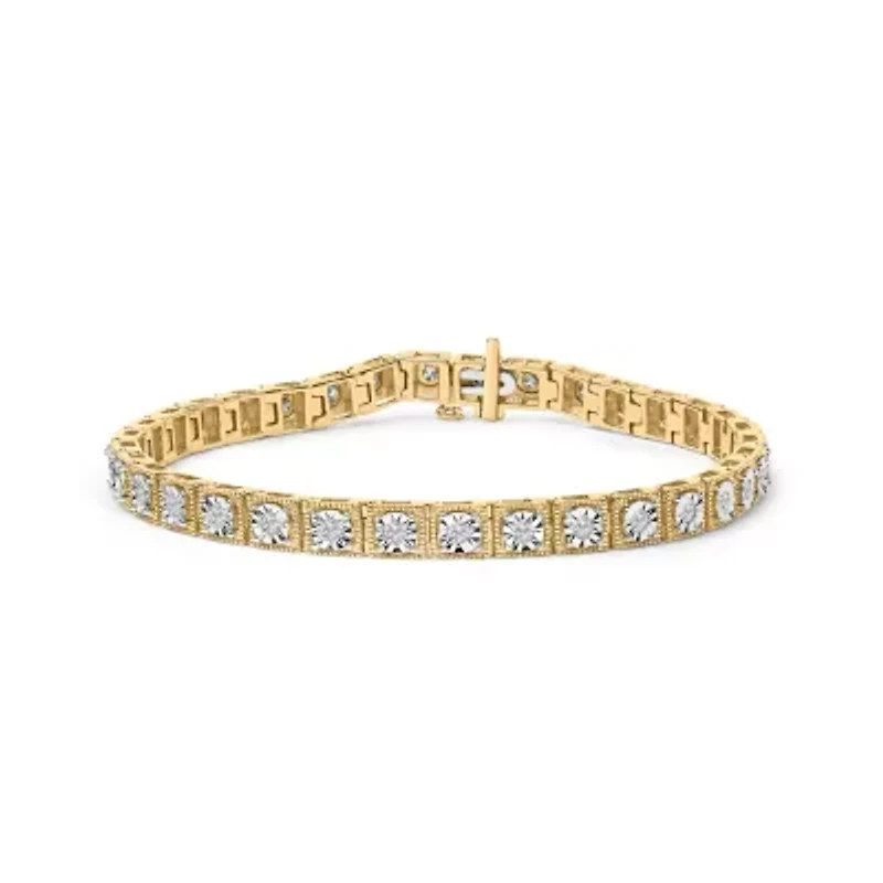 14K Yellow Gold Plated Silver 1.0 Cttw Diamond Milgrain Link Tennis Bracelet