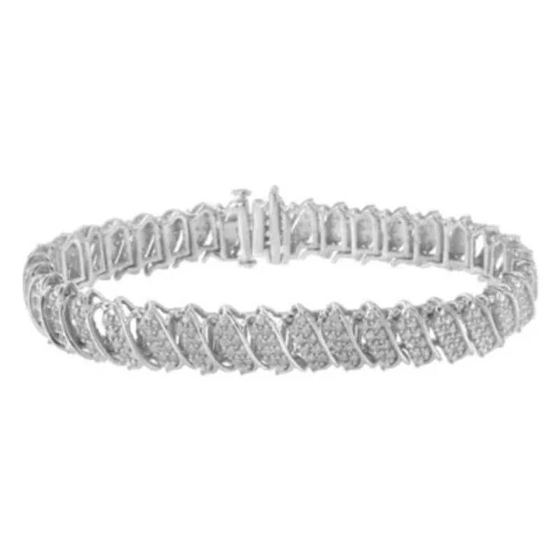 Silver 3.0 Cttw Diamond Multi Row Cluster Slanted Wave Link 7-¼” Tennis Bracelet