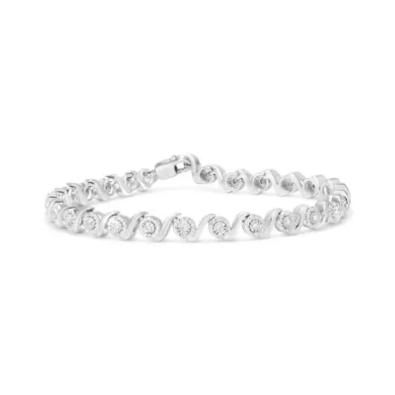 .925 Sterling Silver 1/2 Cttw Round Diamond Halo S-Link Bracelet - 7.25"