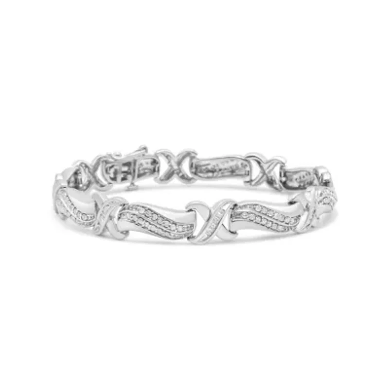 .925 Sterling Silver 1 3/4 Cttw Diamond Wave and X Link Tennis Bracelet - 7"
