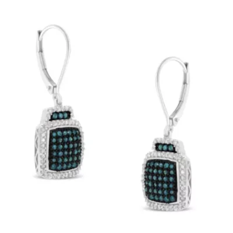 Black Rhodium over Silver 3/4 Ct Blue and White Diamond Dangle Earrings