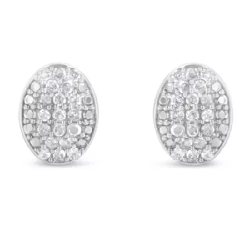 Sterling Silver Round Diamond Oval Cluster Earrings