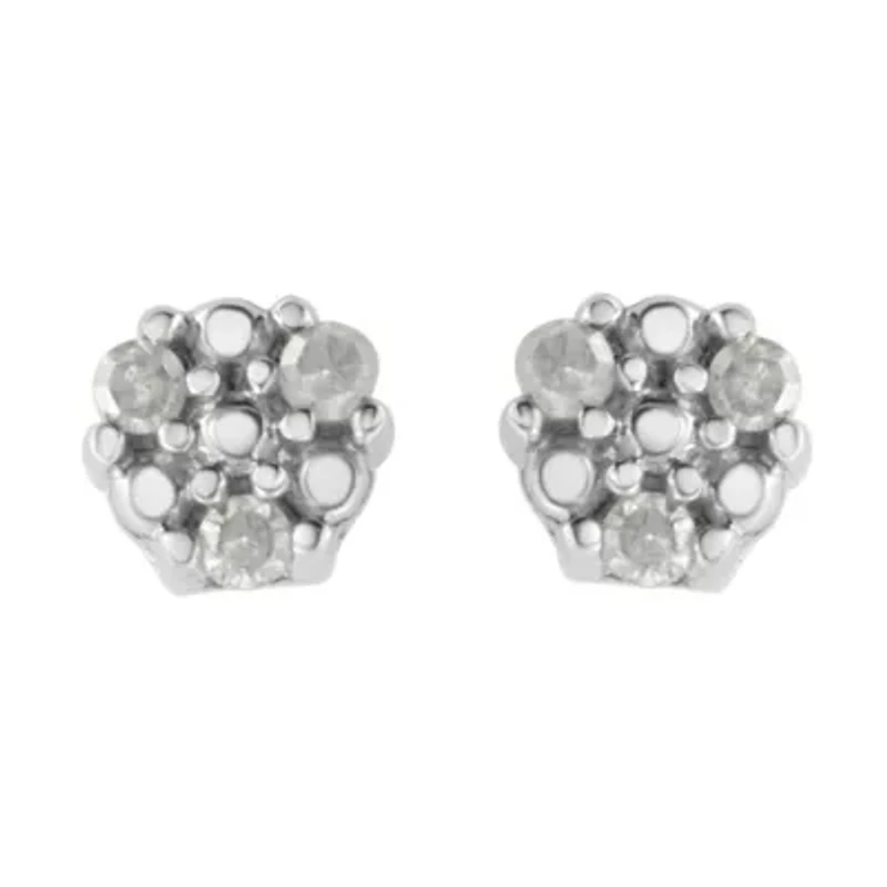 Silver 1/10 Ct Prong RoundTrio Diamond Stud Earrings