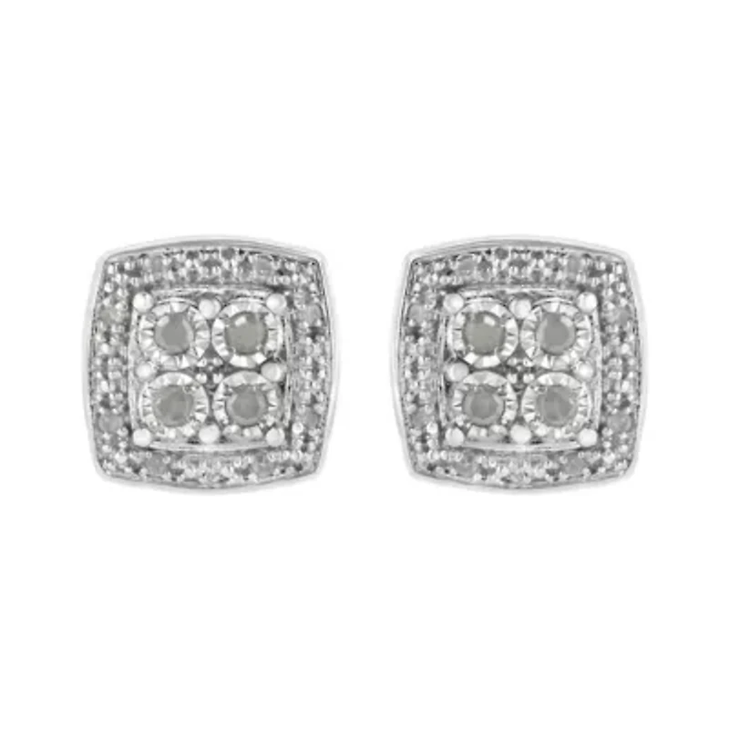 Silver 1/4 Ct Round Diamond Square Shape Milgrain Stud Earrings