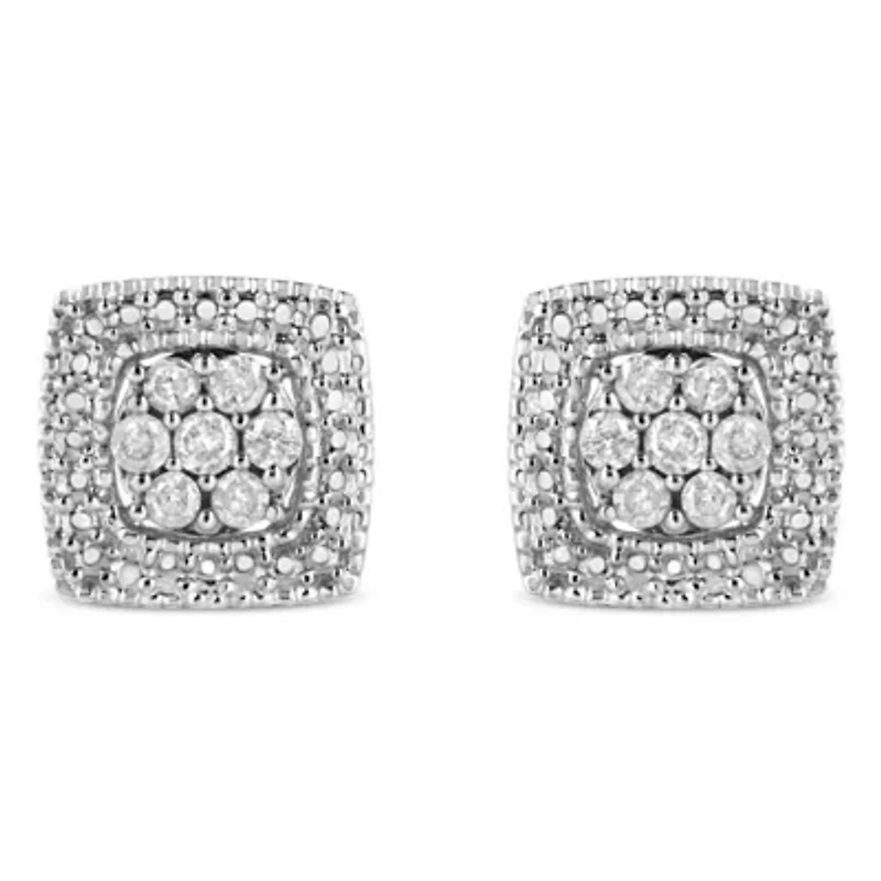 Silver 1/2 Ct Diamond Miligrain Square Shape Stud Earrings