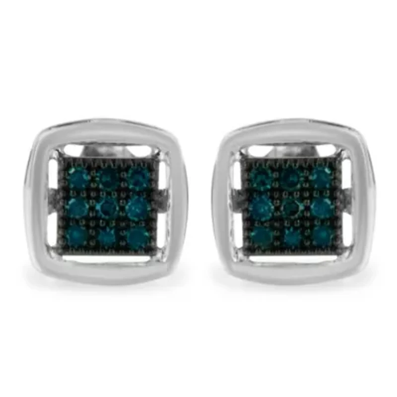 Sterling Silver Rose Blue Diamond Square Stud Earring