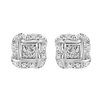 Silver Round Diamond Square Stud Earrings