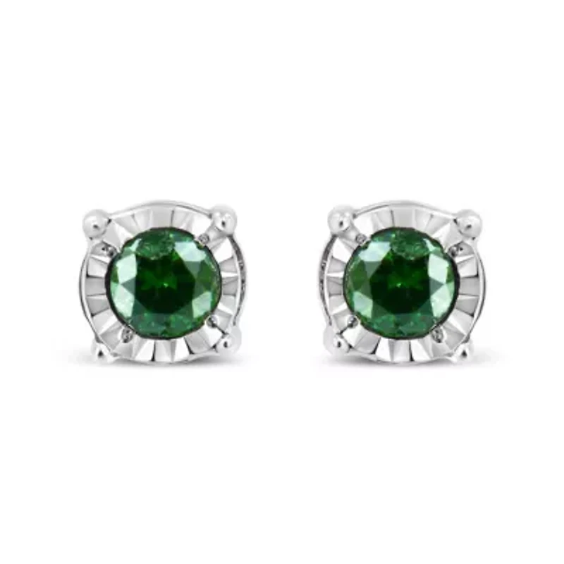 Sterling Silver Rose Green Diamond Solitaire Stud Earrings
