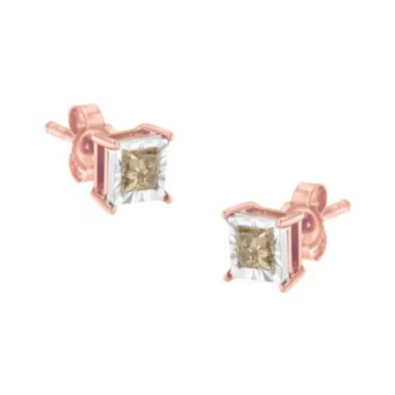 14K Rose Gold Plated 1/2 Ct Princess Diamond Solitaire Stud Earrings