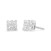 Silver 5/8 Ct Princess Diamond Invisible Quad Composite Stud Earrings