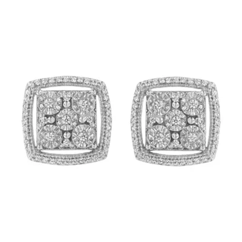 Silver 3/8 Ct Miracle Round Diamond Double Halo Cluster Earrings