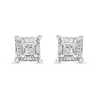 Silver 1/4 Ct Miracle Princess Solitaire Stud Earrings with Hidden Halo