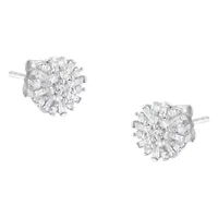 Silver 1/2 Round and Baguette Diamond Sunburst Floral Cluster Stud Earrings