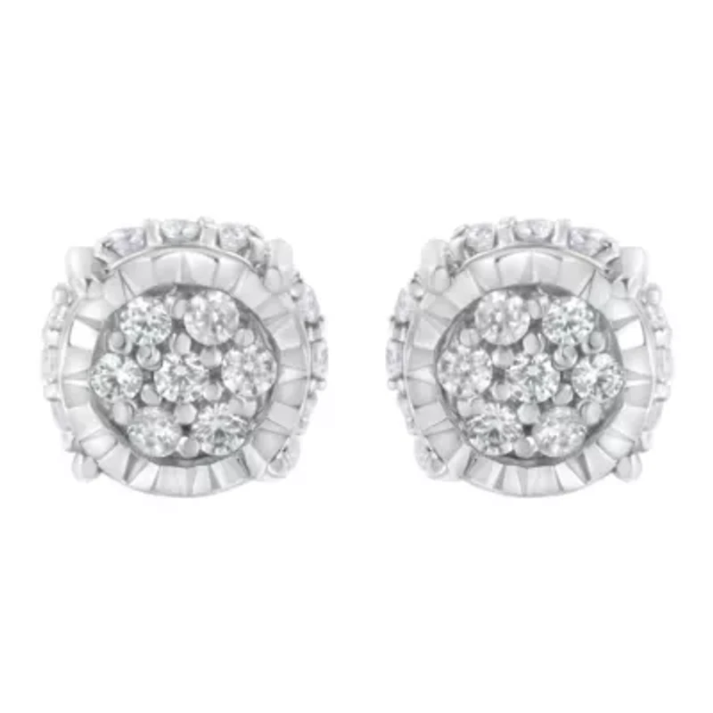 Silver 1/3 Ct RoundDiamond Floral Stud Earring