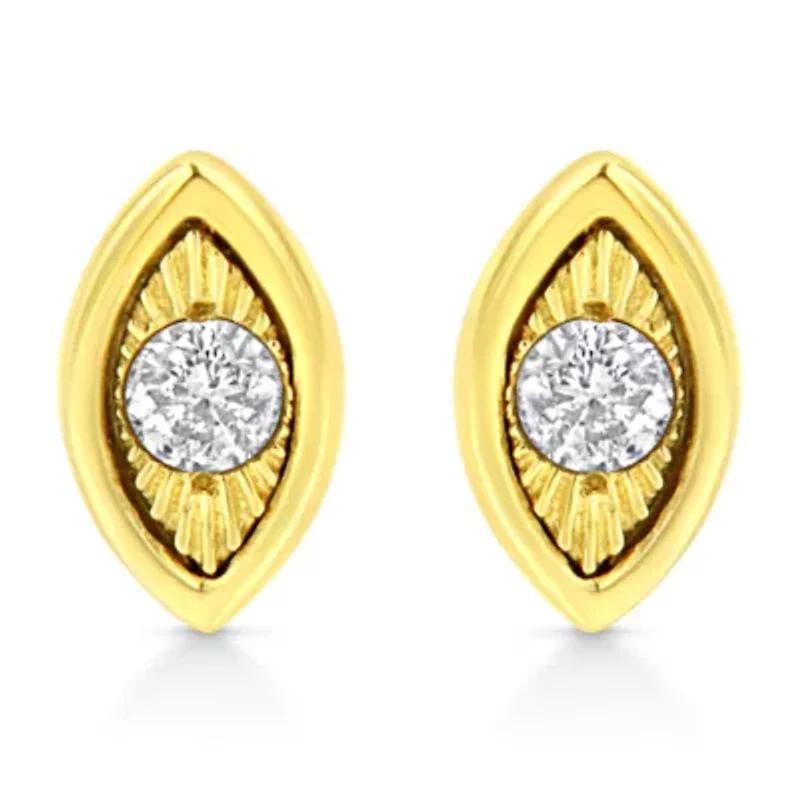 10K Yellow Gold Plated Silver 1/10 Ct Diamond Marquise Shape Stud Earrings