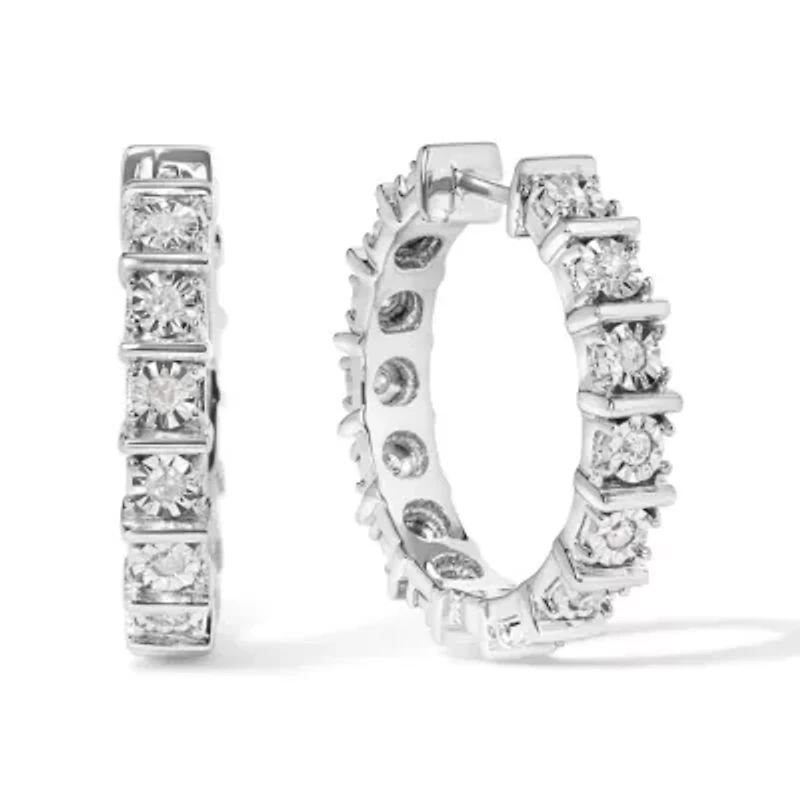 Silver 1/2 Ct Diamond Bar and Plate Eternity Hoop Earrings