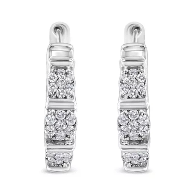 Lab Created Silver 1/2 Ct Lab Grown Round Diamond Floral Cluster Hoop Earrings