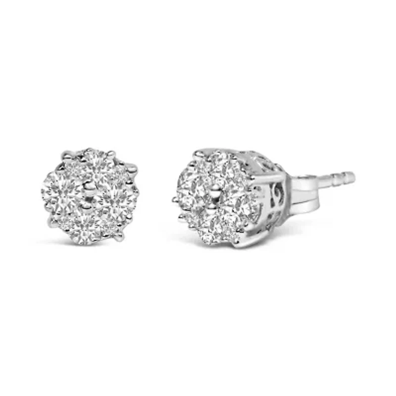 Silver 1/2 Ct Prong RoundDiamond Cluster Stud Earring