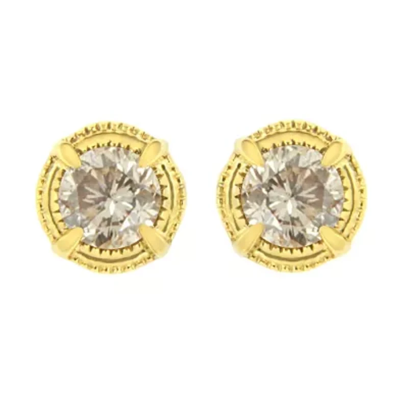 14K Yellow Gold Plated Silver 1/3 Ct Diamond Solitaire Milgrain Stud Earrings