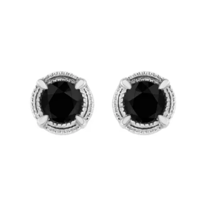 Silver 3/4 Ct Black Diamond Solitaire Milgrain Stud Earrings