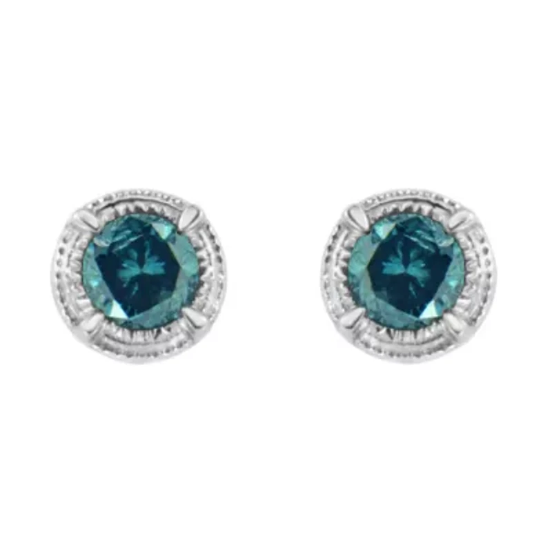 Silver 1/4 Ct Blue Diamond Solitaire Milgrain Stud Earrings