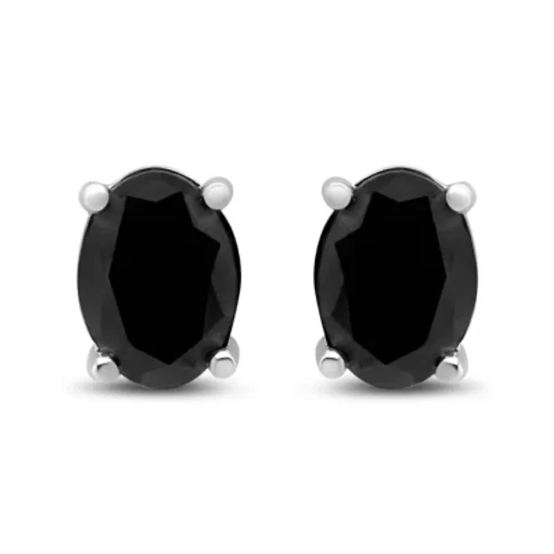 Silver 2.0 Ct Prong Black Oval Diamond Stud Earring