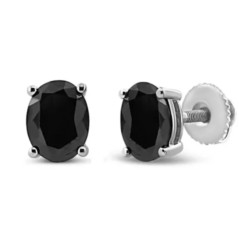Silver Ct Prong Black Oval Diamond Stud Earring