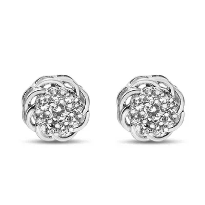Silver 1/2 Ct Round Diamond Cluster Openwork Floral Halo Stud Earrings