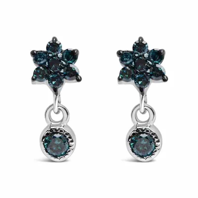 Silver 1/10 Ct Blue Diamond Star Stud with Bezel Drop Dangle Earrings