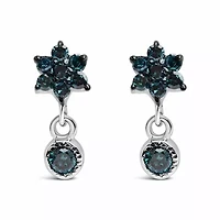 Silver 1/10 Ct Blue Diamond Star Stud with Bezel Drop Dangle Earrings