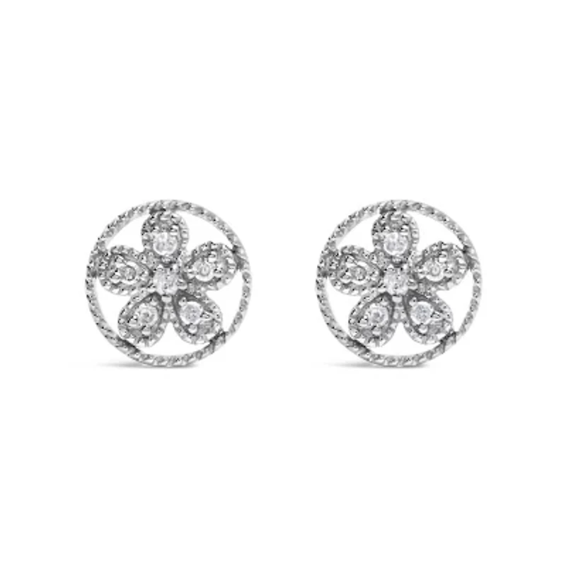 Silver Diamond Accent Star and Wheel Milgrain Style Stud Earrings