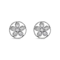 Silver Diamond Accent Star and Wheel Milgrain Style Stud Earrings