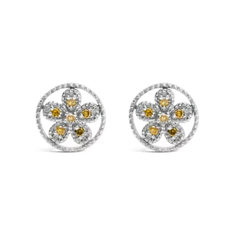 Silver Yellow Diamond Accent Star and Wheel Milgrain Style Stud Earrings