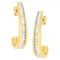 10K Yellow Gold 1 Ct Channel Diamond J-Hoop Earrings