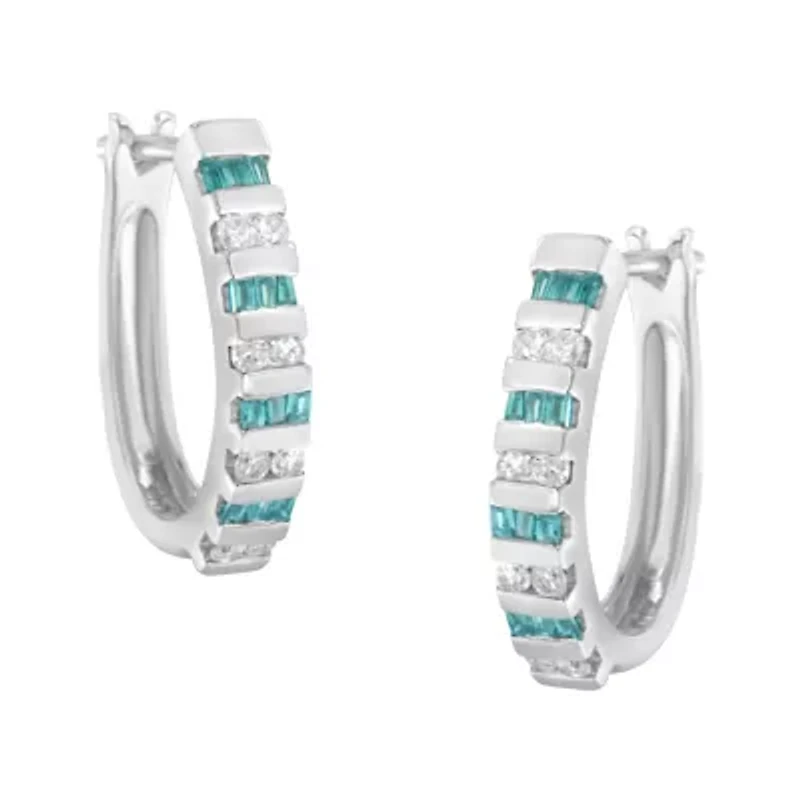 10k White Gold Round and Blue Baguette 1/2 Ct Diamond Hoop Earrings