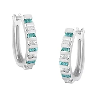 10k White Gold Round and Blue Baguette 1/2 Ct Diamond Hoop Earrings