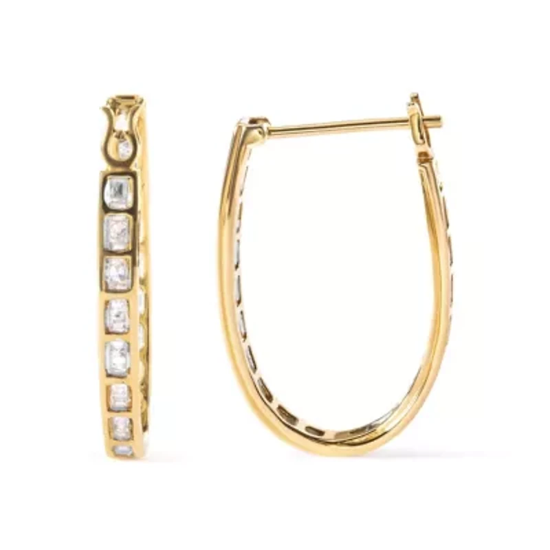 10K Yellow Gold 1.00 Ct Round and BaguetteDiamond U-Hoop Earrings