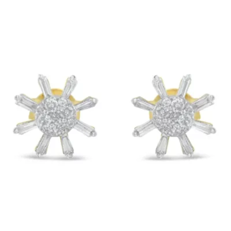 10k Yellow Gold Round and Baguette Diamond Stud Earring