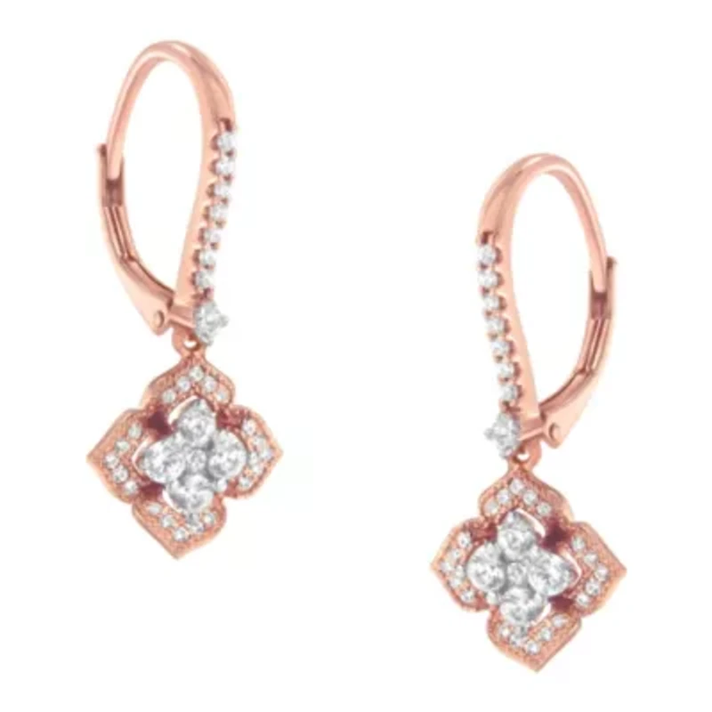 10K Rose Gold 3/4 Ct Diamond Flower Drop Dangle Earring