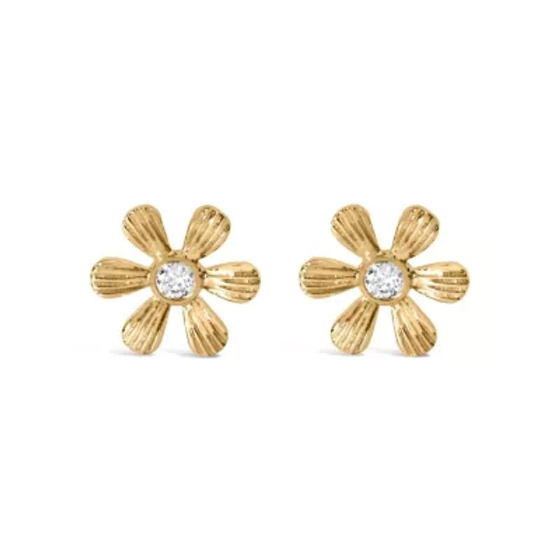 10K Yellow Gold Bezel Diamond Accent Hammered Finish Floral Stud Earrings