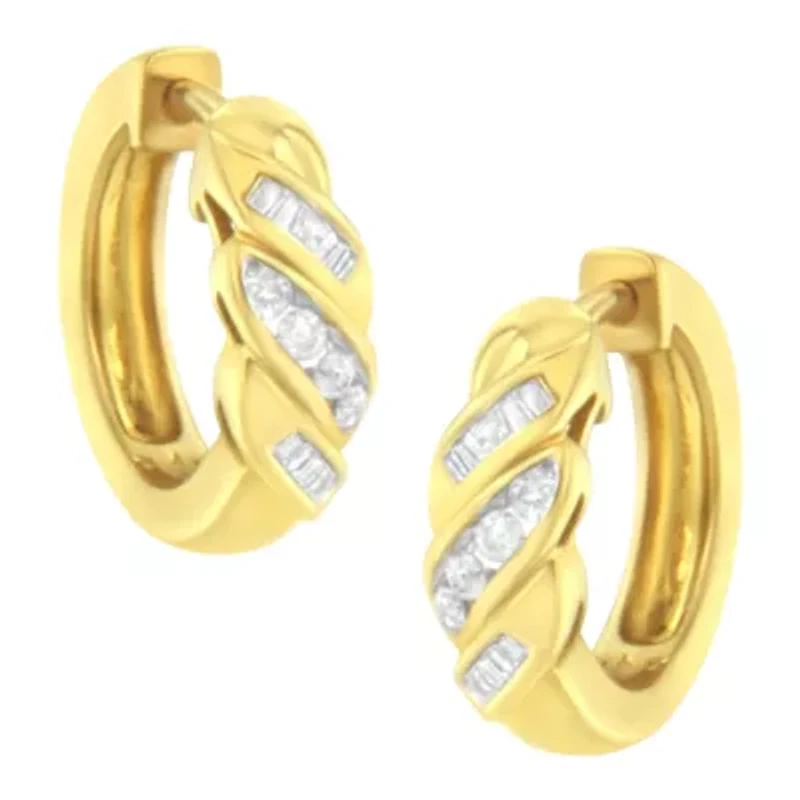 14K Yellow Gold 1/4 ct Alternating 3 Row Baguette & Diamond Huggy Hoop Earrings