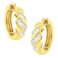 14K Yellow Gold 1/4 ct Alternating 3 Row Baguette & Diamond Huggy Hoop Earrings