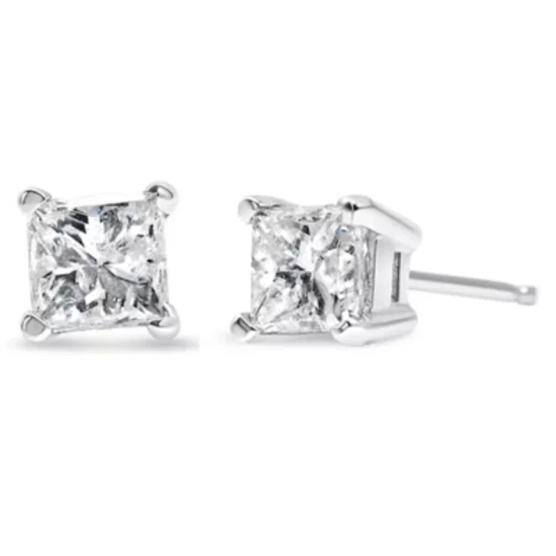 14K White Gold 3/8 Ct Princess Diamond Solitaire Stud Earrings