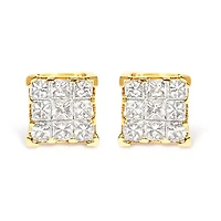 14K Yellow Gold 1/2 Ct Invisible Princess 9 Stone Square Stud Earrings