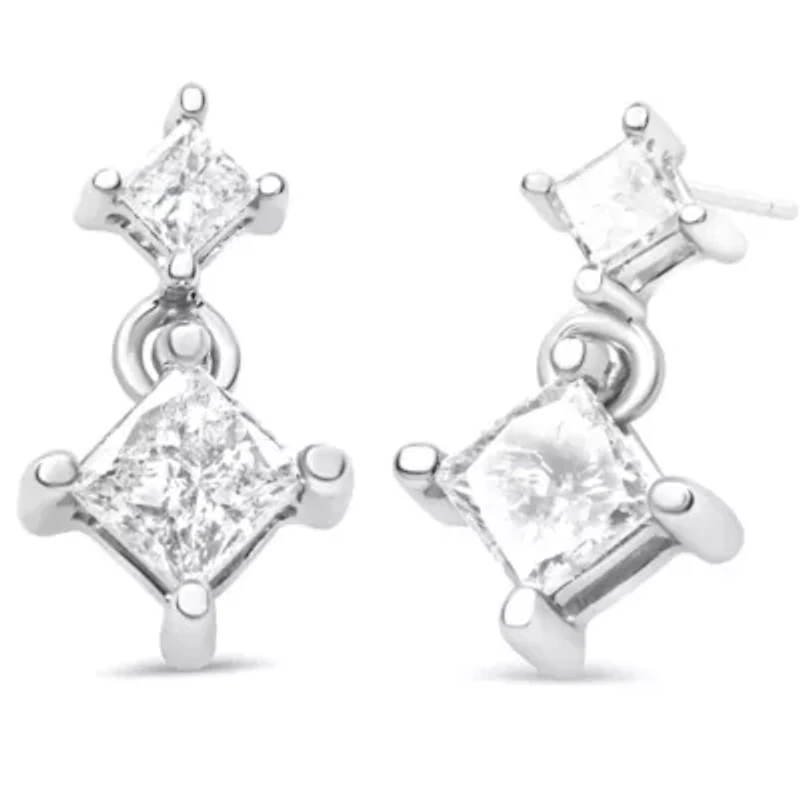14K White Gold 3/8 Ct Diamond Double Dangle 2 Stone Stud Drop Earrings for Women