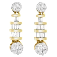 14K Yellow Gold 3/4ct. TDW Round and BaguetteDiamond Dangle Earrings