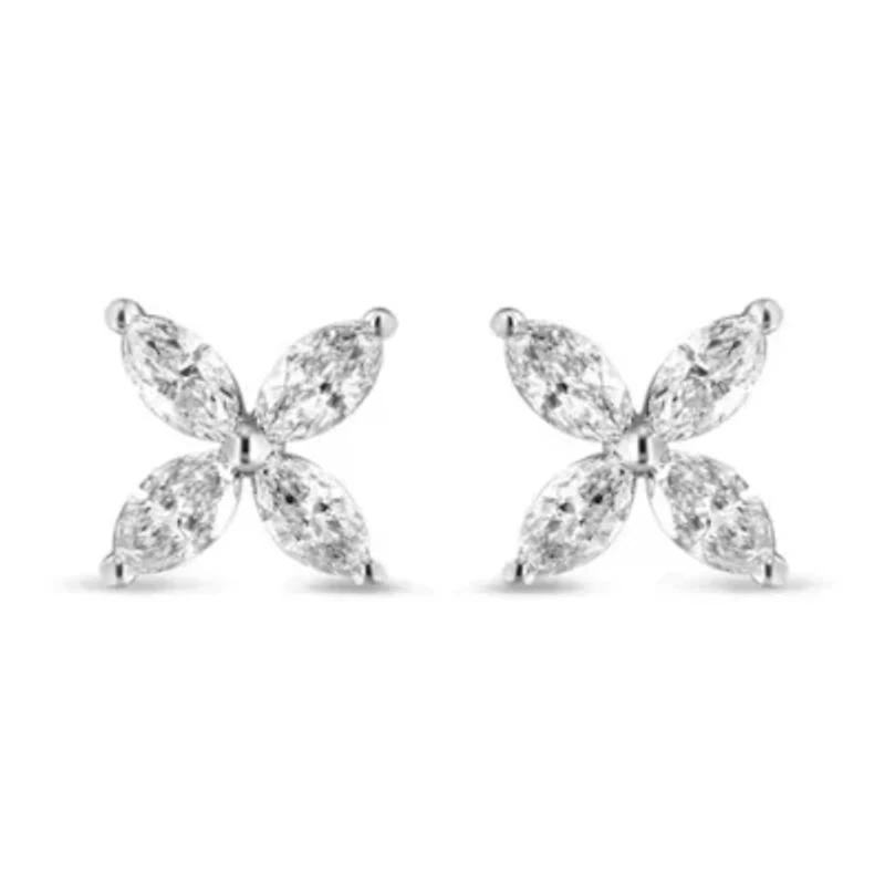 Lab Created 14K White Gold 1.0 Ct Lab Grown Marquise Diamond 8 Stone Floral Leaf Stud Earrings