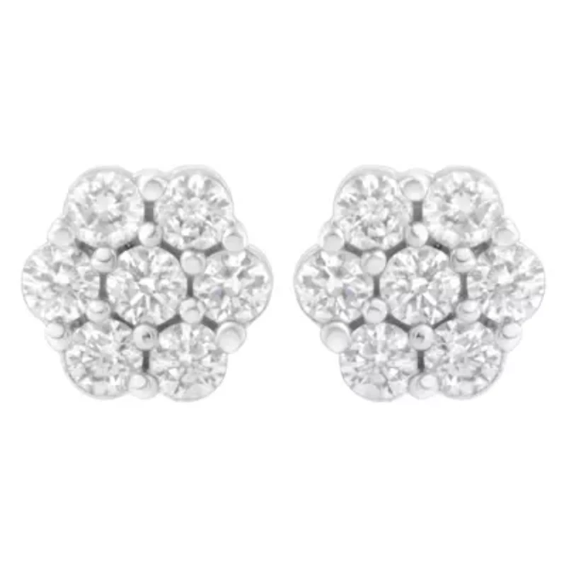 14K White Gold 3/4 Ct 7 Stone Floral Cluster Diamond Stud Earrings