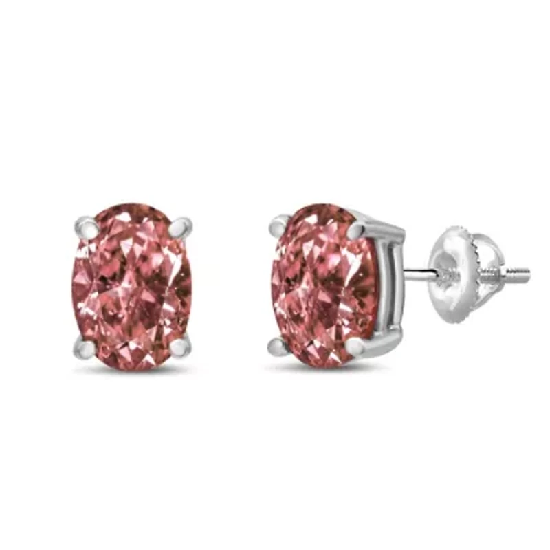 Lab Created 14K White Gold 1.0 Ct Lab Grown Pink Oval Diamond Solitaire Stud Earrings